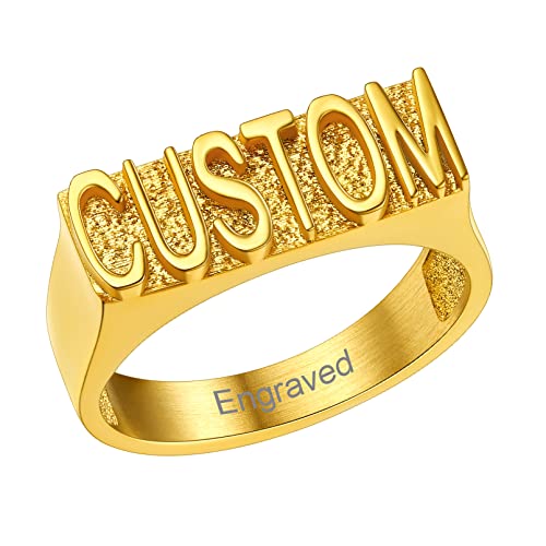 Custom4U Personalized Name Ring Unisex Custom Block Letter/Name/Initial/Year/Word Rings,Stainless Steel/Gold/Black Customzied Nameplate Ring for Women Men (Gift Box) 1.1 Gold