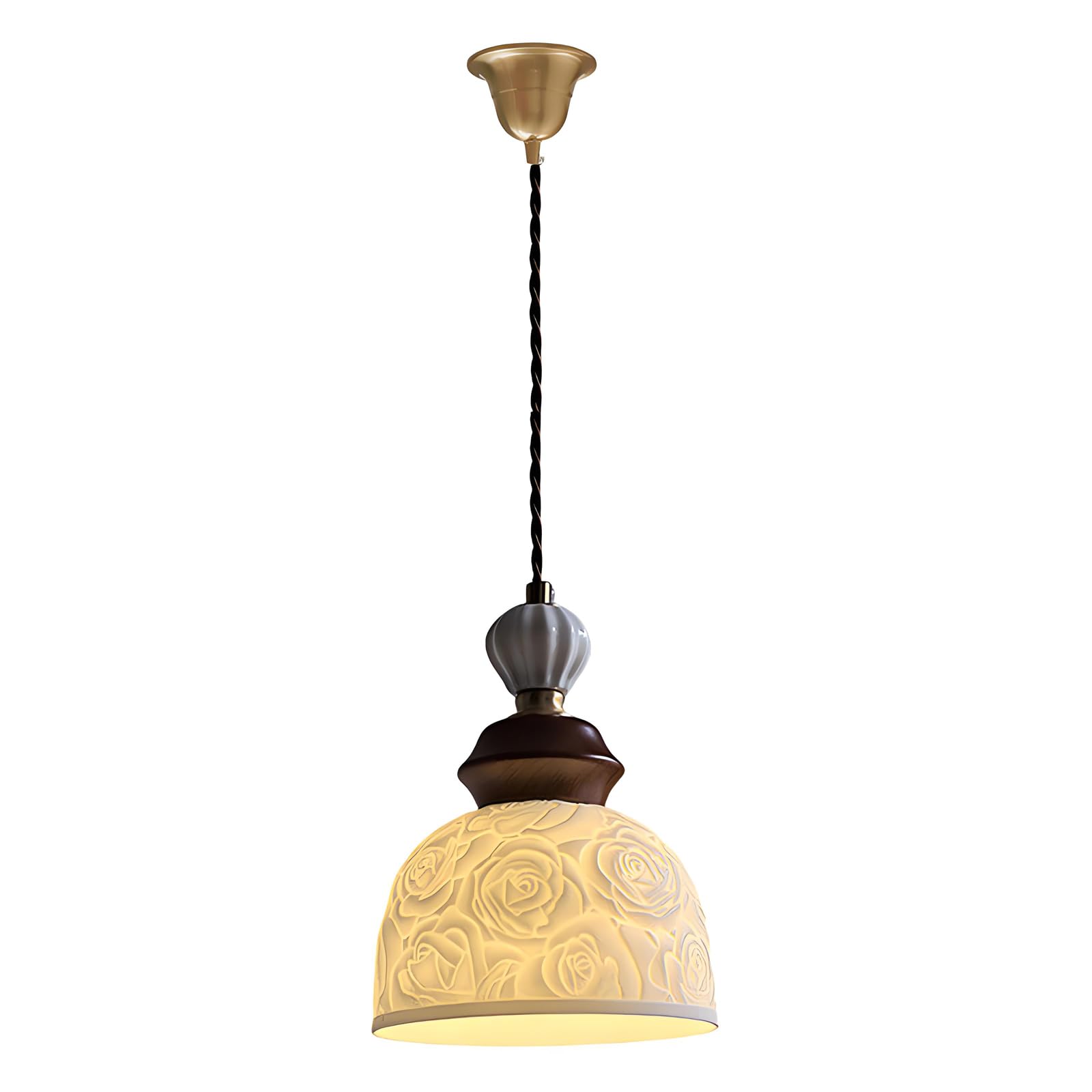 YNVIOZM Nordic Farmhouse White Ceramic Pendant Lamp Mid-Century Brass Pendant Light Solid Wood Finish Hanging Ceiling Lighting Fixture for Kitchen Island Dining Room Bedroom Cottage Decor