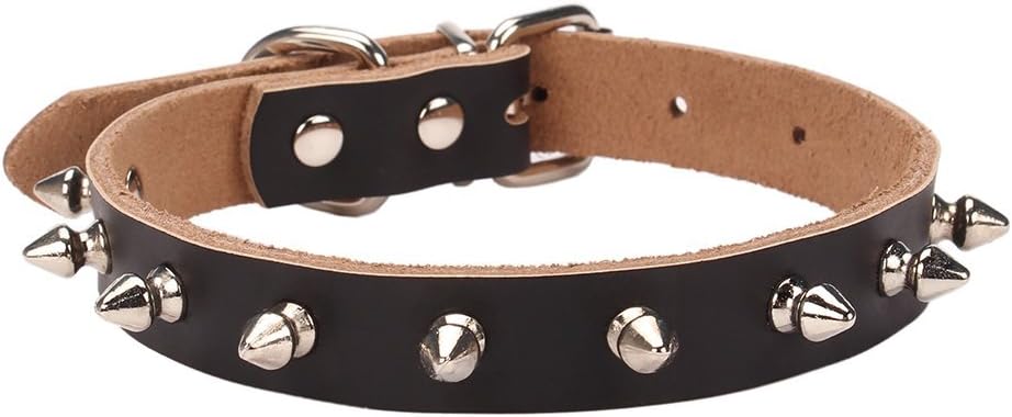 Aolove Basic Classic Adjustable Genuine Cow Leather Pet Collars for Cats Puppy Dogs (X-Large, Black-Spiked Rivet)