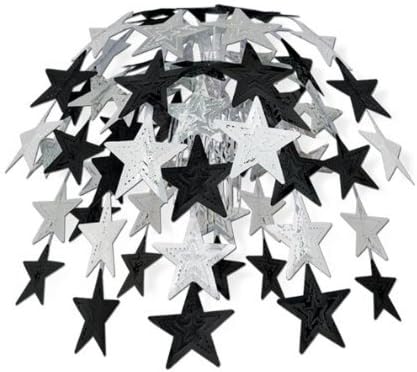 Beistle Club Pack Black and Silver Metallic Stars Cascading Hanging Decoration, Box Of 12 Cascade Hanging Decorations