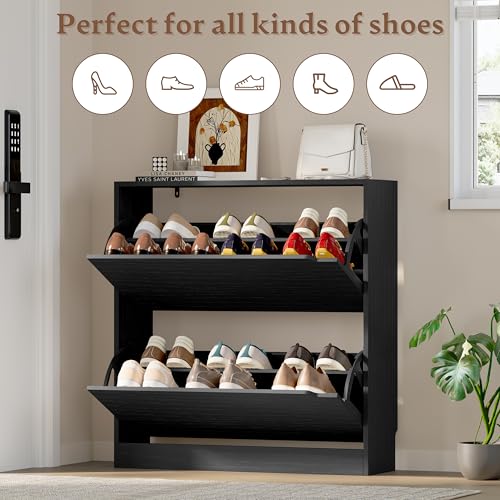 Image of BORNOON Shoe Cabinet with 2 Flip Drawers, Slim Narrow Shoe Storage Cabinet, Freestanding Shoe Organizer with Adjustable & Removable Shelves, Top Display Shelf for Entryway, Hallway, Foyer, Closet