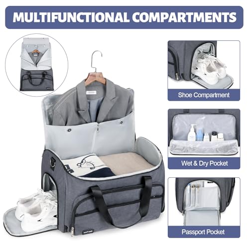 Garment Duffle Bags for Travel, Convertible Garment Bag for Men Women, Carry On Duffle Bag Backpack with Shoe Compartment & Toiletry Bag, 4 in 1 Hanging Suitcase Suit Travel Bags (Dark Grey)3