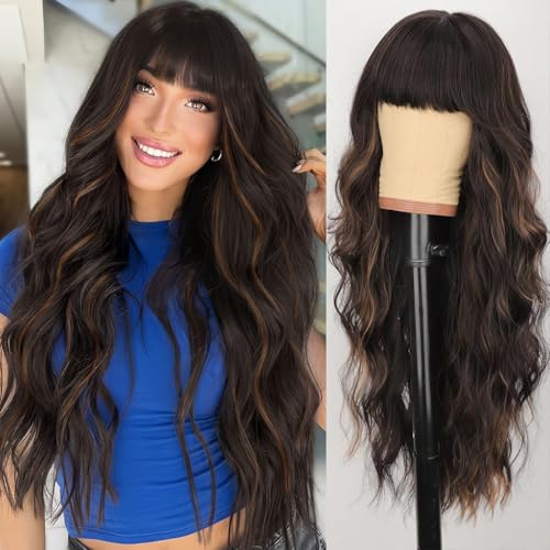 AISI HAIR Brown Wig with Bangs Long Wavy Wig for