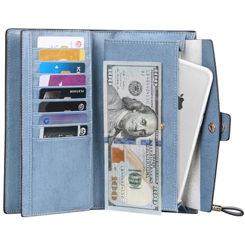 Image of Itslife Womens Wallet RFID Blocking Large Capacity Luxury Wax Genuine Leather Wallets Clutch Wallet Ladies Card holder,Denim Blue