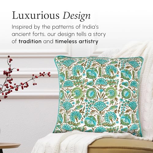 CPC Aqua Green Floral Printed Throw Square Cushion Covers - 24x24 Inch 100% Cotton Washable Decorative Couch Pillows Covers for Living Room Bed Sofa and Outdoors Spring, Easter, Valentines Gift