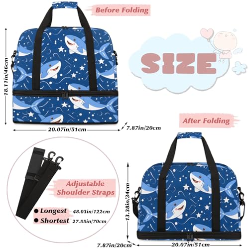 Large Weekender Overnight Bags Cute Cartoon Shark Travel Duffel Bag for Women Men Gym Bag With Shoe Compartment Foldie Travel Tote Bag Carry On Personal Item Bag for Travel Gym Sports2
