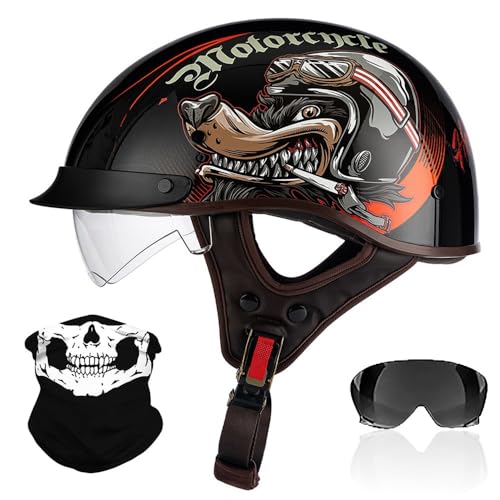 RHBDDHV Medio Casco Adulto Cascos de Moto Casco de Cara Abierta con Visera y Gafas Casco de Motocicleta Retro Aprobado por ECE2206 Casco de Media Carcasa Ciclomotor Scooter Casco Ligero