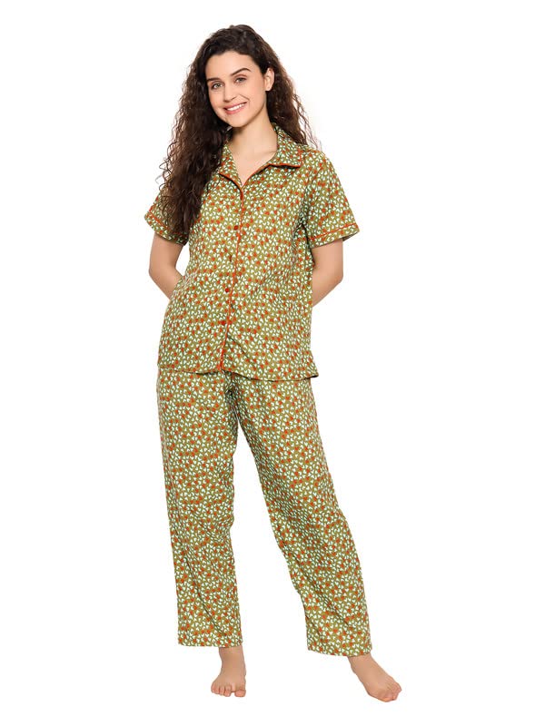Image of Clovia Women's Rayon Heart Print Button Down Shirt & Pyjama Set in Green