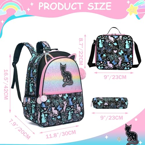 Image of Cute Cat School Backpacks for Girls Backpacks for School Black Bookbag with Lunch Box for Elementary Students Ages 6-8 Years Old