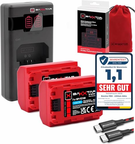 Baxxtar 2× NP-FZ100 2600mAh + Cargador Dual USB-C PD Compatible con Sony A1 A9II A7 III–V A7R III–V A7S III FX3 FX30 | Carga rápida QC/PD, LCD, Set Foto/vídeo