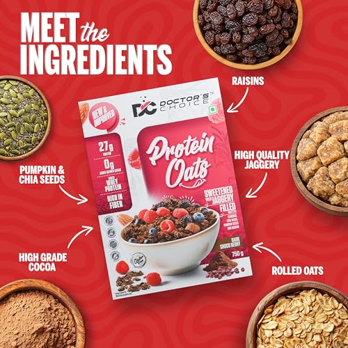Image of Doctors Choice High Protein Oats 750g | 27g Protein Oatmeal | Dark Choco Berry Flavor | No Added Sugar | Gluten Free | High Fiber Healthy Breakfast Oats (Pack of 2)