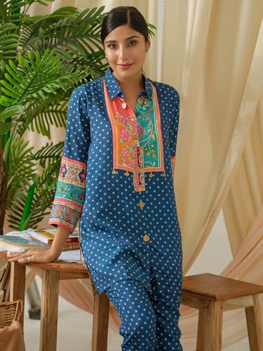 Image of Women's Printed Silk Blend Co-Ord Set Long Sleeves Shirt and Trouser Set for Women | Ethnic Co-Ord Set (RWDROUT1026)