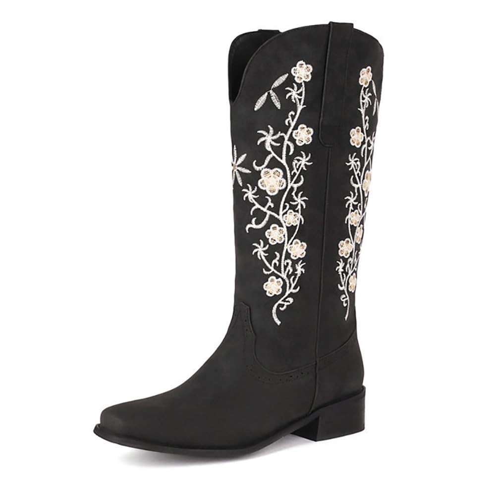 ISNOM Cowgirl Boots For Women – Western Square Toe With Embroidery & Side Zipper