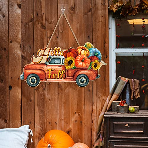 BBTO Thanksgiving Pumpkin Welcome Sign Door Decor Hello Fall Wood Hanging Decoration Autumn Wooden Signs Rustic Fall Decorative for Porch Home Wall Indoor Outdoor Decor(Truck)