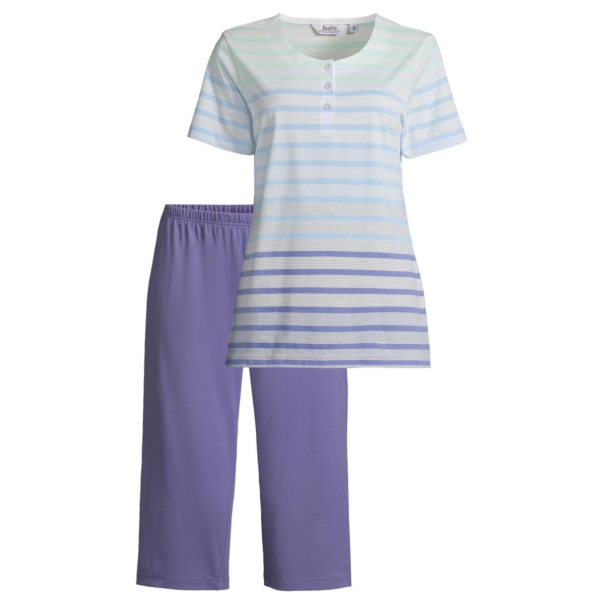 hajo Klima Komfort Damen Schlafanzug Set – Capri Hose & T-Shirt mit modernem Streifenmuster, atmungsaktives Material Baumwolle Polyester, kurzer Arm & Knielang – Leicht, bequem