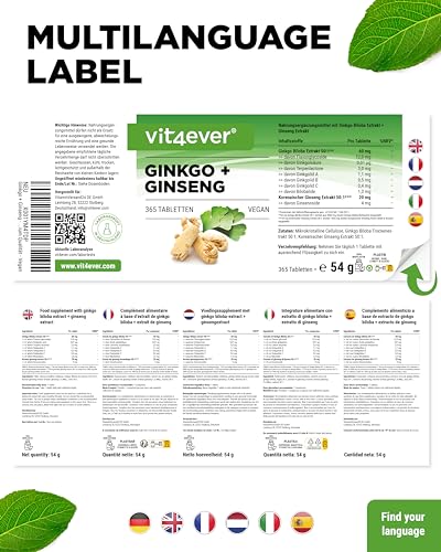 Ginkgo + Ginseng - 365 Tabletten - Spezial Extrakt - Hochdosiert - Laborgeprüft - Ginkgo Biloba + Koreanischer Ginseng - Premium Qualität - Vegan – Bild 6