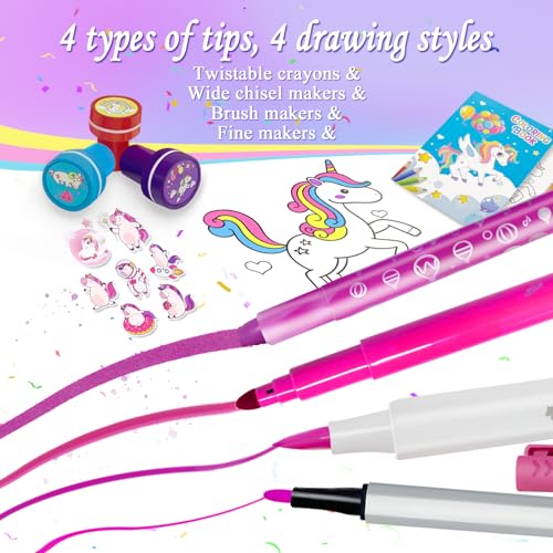 Image of weirtoya 56 PCS Washable Scented Markers with Glitter Pencil Case, Mermaid Unicorn Arts and Crafts for kids 4-6-8 Kids Coloring Drawing Kits for 4-8 Years Old Girls (Purple, 56)