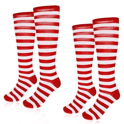 Telooco 2 Pairs Striped Socks Red and White Knee High Socks for Women Christmas Tube Socks for Outdoor Sport Holiday Costume Accessories