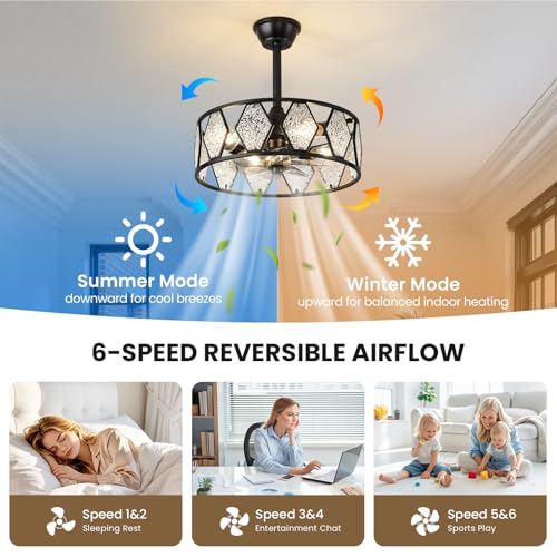 RUIYEY Crystal Ceiling Fans with Lights: 19 inch Black Caged Fandelier Ceiling Fan with Remote, Height Adjustable Reversible 7 Blades 6 Speeds E26 4 Light Modern Flush Mount Ceiling Light for Bedroom by RUIYEY - Used condition - Image 7