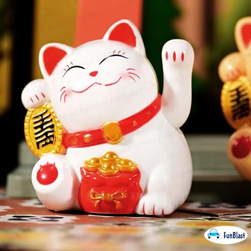 Image of FunBlast Plastic Maneki Neko Lucky Cat, Waving Arm Solar Powered Good Luck Wealth Welcoming Display Car Decor Paw Up with Arm, Decor Item for Home, Office and Car (White), 5 x 6 Cm