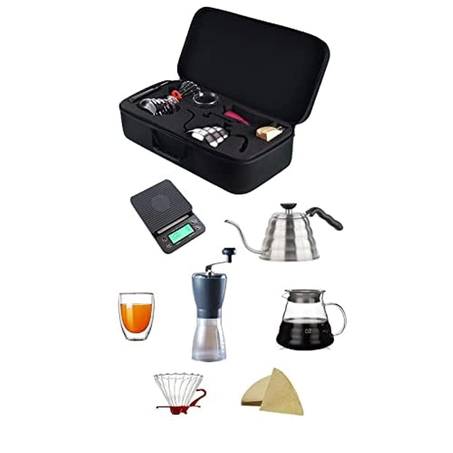 Pour Over Coffee Maker Set of 7 Piece with Portable Carry Case (Coffee Gift Set)