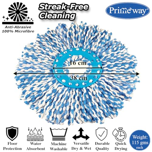 Image of Primeway Stainless Steel 109-127cm 50 inch Length Extendable Handle Stick Rod for 360 Degree Spin Mop | Replacement Spares Set with 2 Microfibre Refills | Dry & Wet Pocha for Floor Cleaning