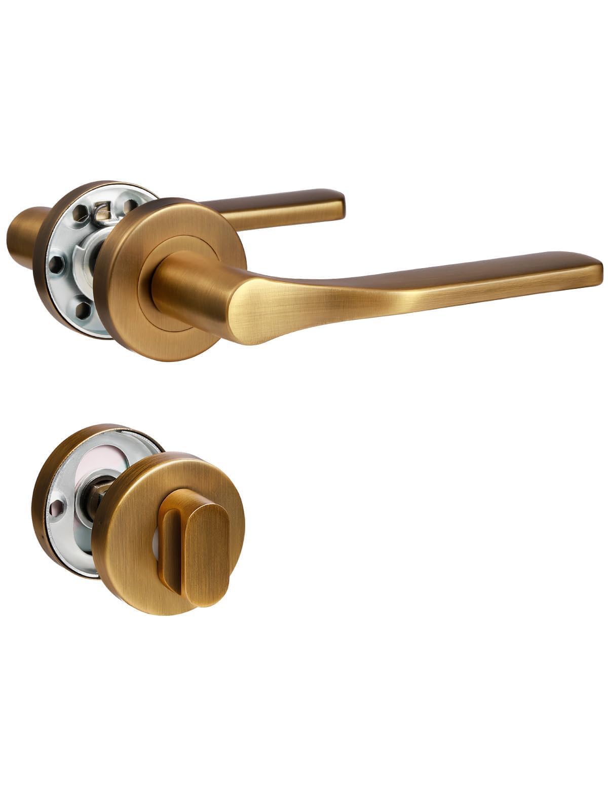 Poignée de porte en laiton antique,garniture de poignée,acier inoxydable brossé mat,ensemble de poignées pour porte d'entrée et porte intérieure,forme en L, rosace ronde,WC