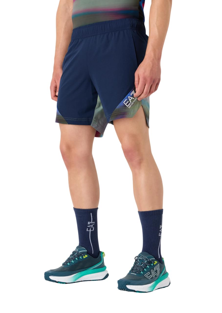 Emporio Armani EA7 Shorts da Uomo Tennis PRO in Tessuto Tecnico VENTUS7-3DPS81 (IT, Testo, L, Regular, Regular, Navy Blue/Multicolor)