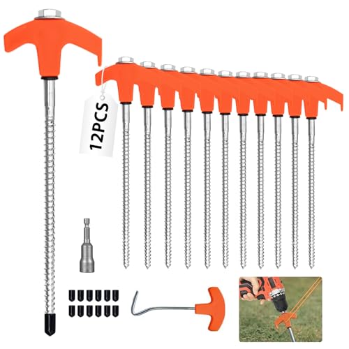 FOYIOLRU 12 Pièces Piquets de Tente à Visser 20cm avec Foreur Hexagonal, Piquet en Acier avec Filetage, Sardines Camping Robustes pour Sol Dur, Jardin,...