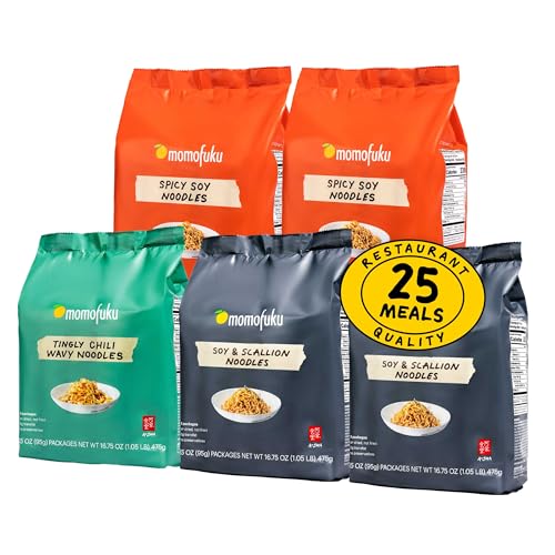 Image of Momofuku Ramen Noodle Variety Pack by David Chang, 25 Count (Pack of 5) Air-Dried Never Fried Vegan Instant Noodles with 11g of Plant Based Protein