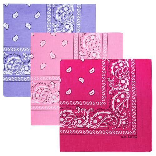 Raylarnia 100% Cotton Large Bandanas for Men and Women 22 Inch Paisley Bandana with Multiple Colors (Hot Pink/Pink/Purple)