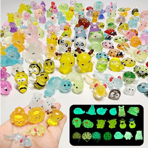 Crahuanli 120PCS Mini Resin Animals Mixed 68 Rare Styles Tiny Resin Glow in The Dark Animals Miniature Little Small Animal Figures for Micro Fairy Garden Landscape Dollhouse Aquarium Decor Crafts
