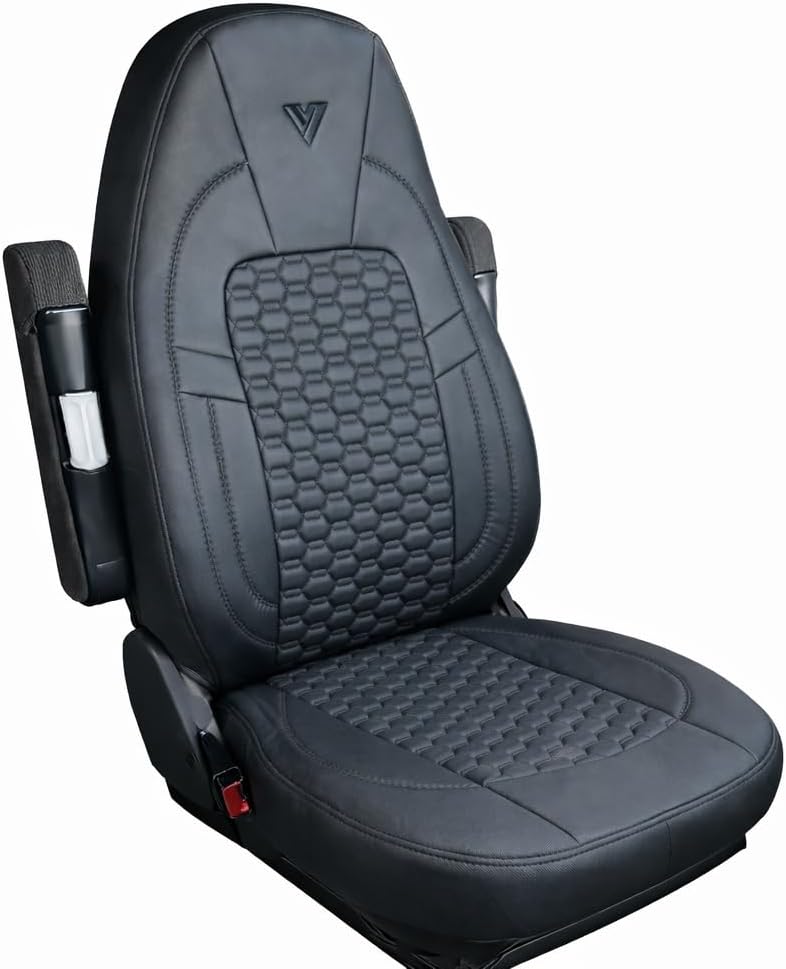 Seat Cover – Compatible with Peterbilt 579 & 567 OEM Stock Seats – Black Faux Leather with Grey Stitching, Custom Fit, Durable, Easy Install, Four-Season Protection (Black/Black)
