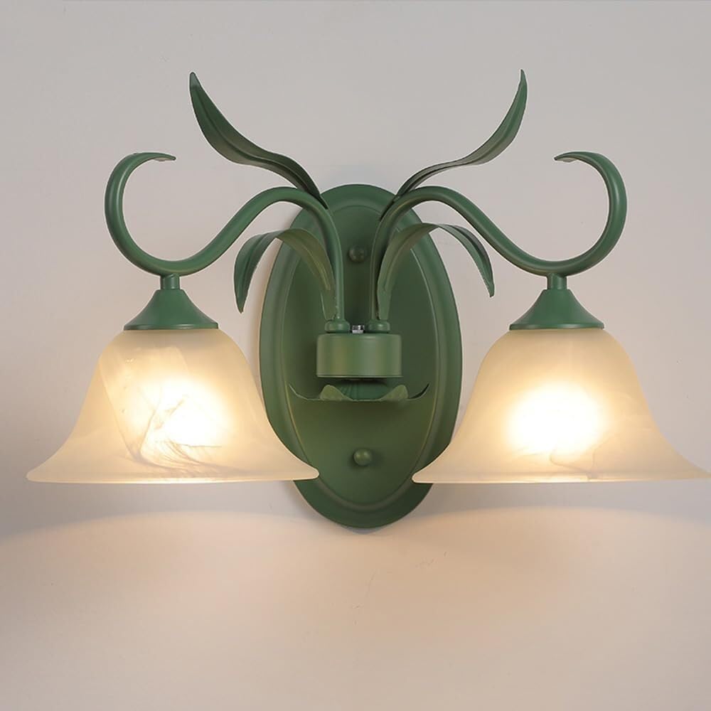 HUAYUSEDF Vintage Green Glass Wall Sconce Nordic Modern Light with Milk Flower 2-Light Double Mounted Bedroom Lamp for Bedside Hallway Living Room Kitchen(2 Lights)