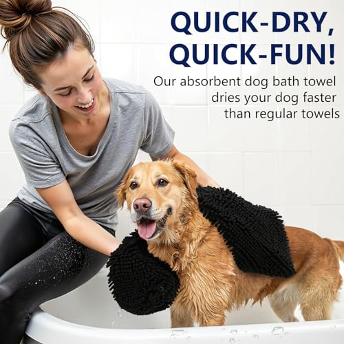 Image of OLANLY Chenille Dog Bath Towel 31x13, Ultra Absorbent Quick Dry Pet Towel, Extra Soft Washable Plush Towel for Large Dogs & Puppies, Indoor Outdoor Use, Black