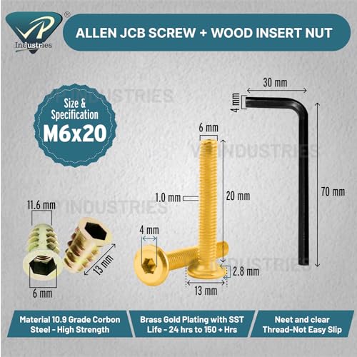 Image of By VP INDUSTRIES (Combo - 10 Pcs) M6x20 Allen JCB Screw Wood Insert Nut | M6x20 Allen JCB screw with wood insert nut for furniture assembly, cabinets, chairs, beds and wood boards.