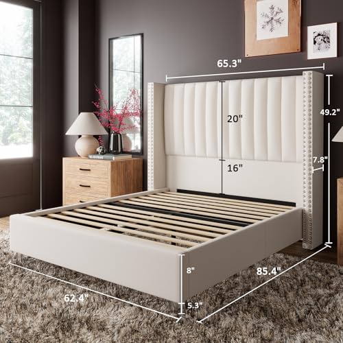 Jocisland Velvet Queen Upholstered Platform Bed, Tall Headboard, No Box Spring Needed
