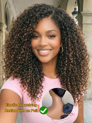 Image of Sunber Black to Chestnut Brown Ombre Curly Human Hair Glueless Wig With With Finger Coily Ends Bye Bye Knots Pre Cut 7X5 Lace Front Drawstring Wig Burmese Curly Wigs Pre Plunked Invisible Knots 24Inch