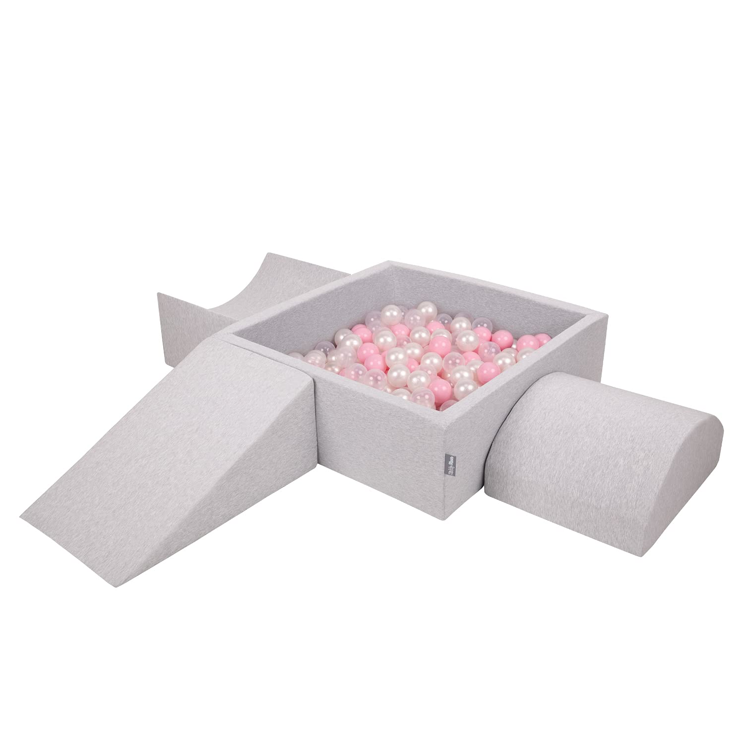 KiddyMoon Foam Playground For Kids With Square Ballpit (300 Balls ∅ 7Cm/2.75In) Soft Obstacles Course And Ball Pool, Made In The EU, Lightgrey:Powderpink/Pearl/Transparent