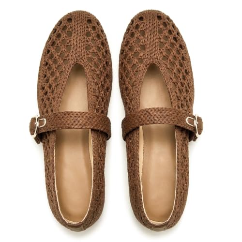 Image of Woven Ballet Flats Women Mesh Raffia Flats Round Toe Mary Janes Comfortable Ballerina Flat Shoes