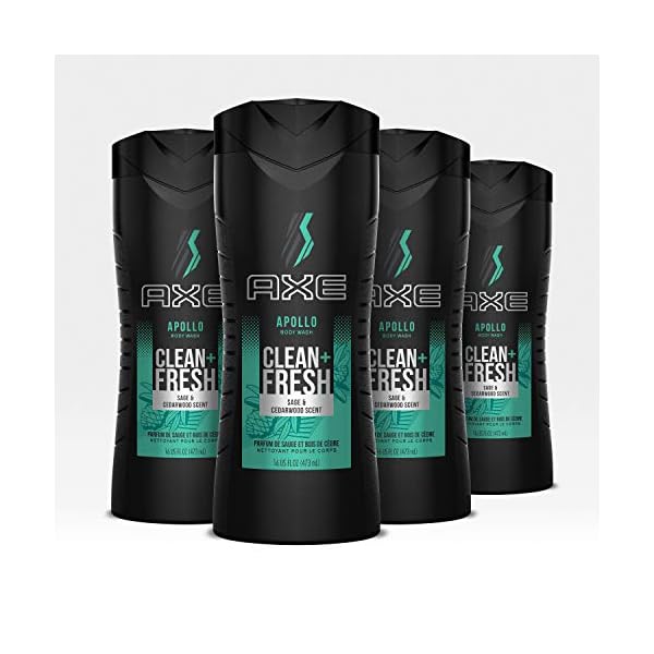 AXE Body Wash Apollo 4 Count for Long Lasting Freshness Sage & Cedarwood Men's Body Wash with Odor-Busting Prebiotics 16 oz