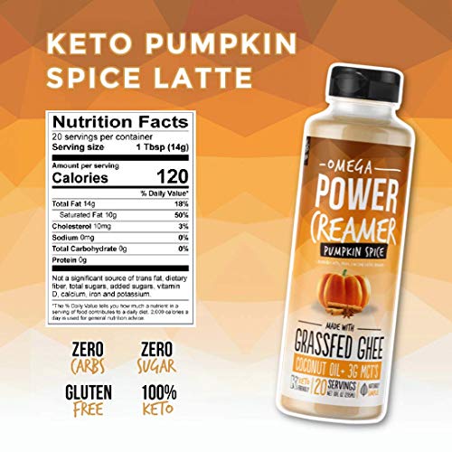 Omega PowerCreamer - Pumpkin Spice Keto Coffee Creamer - Grass-fed Ghee, MCT Oil, Organic Coconut Oil, Stevia Powder | Liquid Blend | Supports Weight Loss & Energy | Low Carb, Sugar Free (20 Servings)