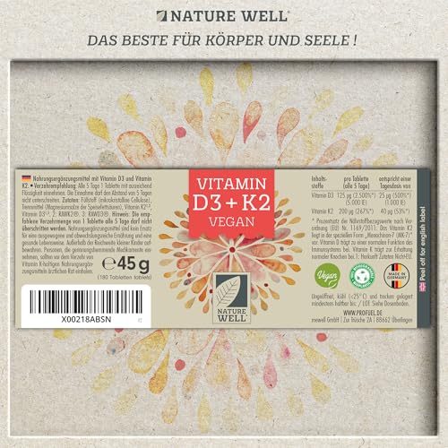Vitamin D3 K2 VEGAN - 180 Tabletten mit 5000 IE D3 + 200 mcg K2 - Vitamin D3 (RAWD3®) hochdosiert + bioaktives Vitamin K2 (RAWK2®) in der MK7-Form - laborgeprüft mit Zertifikat - 100% vegan