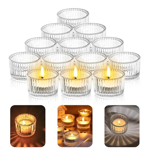 12 Pack 2 Inch Clear Glass Votive Tealight Candle Holders, Small Ribbed Tea Light Holders for Table Centerpiece, Home Decor and Party Supplies (Ribbed Tealight Candle Holder)