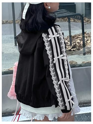 MakeMeChic Girl's Lace Bow Knot Striped Jacket Long Sleeve Hooded Zip Up Y2K Coat Outerwear2