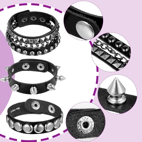 3 Pcs Punk Bracelets, Leather Studded Bracelet Cuff Adjustable Goth Bracelets Spike Bracelet Emo Bracelets for Men Women 80s Wristband Goth Jewelry Halloween Emo Accessories3