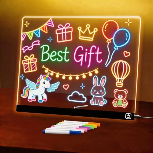 LED Note Board with Colors 11.8X9.4 Led Drawing Board Acrylic Dry Erase Board with Light 7 Colors Message Writing Board Night Light with 7 Markers for Home/Office/Christmas Decor
