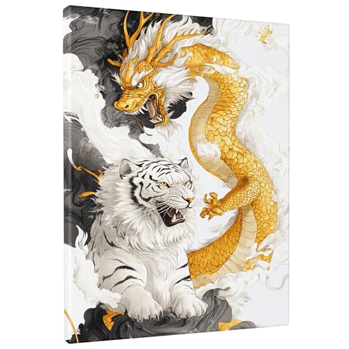 Toile murale motif dragon doré et tigre blanc, impression artistique noir et blanc, culture asiatique décoration pour salon, chambre à coucher, bureau, sans...