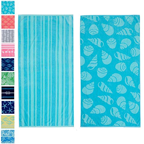 Great Bay Home 2 Pack Plush Green Shell & Stripe Print Beach Towels. 100% Cotton Nautical  Beach