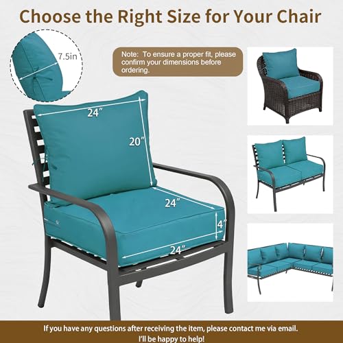 Image of 24x24 Outdoor Chair Cushions Set of 2, Waterproof Deep Seat Cushions for Patio Furniture with Removable Cover, Fade Resistant 4'' Outdoor Seat Cushion w / Ties Handle for Wicker Sofa Couch, Turquoise
